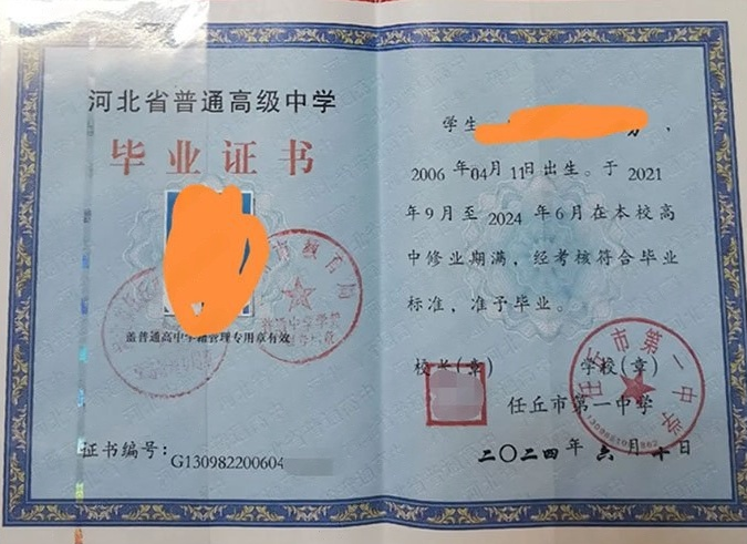 封丘任丘市第一中学高中毕业证样本图片